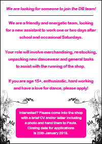 Job advertisement for dance shop Dancers Boutique.