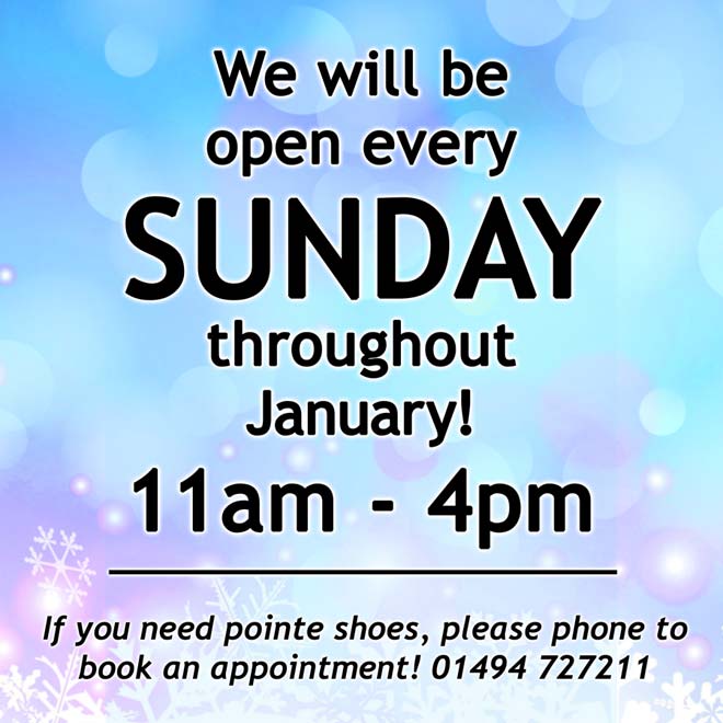 Dancers Boutique dance shop open on sundays during January for ballet, gymnastic leotards, dance shoes, dancewear and pointe shoe fittings.