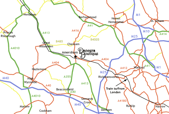 Regional map showing the dancewear shop Dancers Boutique's location in Amersham, Bucks., one of the Home Counties
