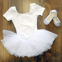 white tutu skirt, white satin ballet shoes, angel costume.