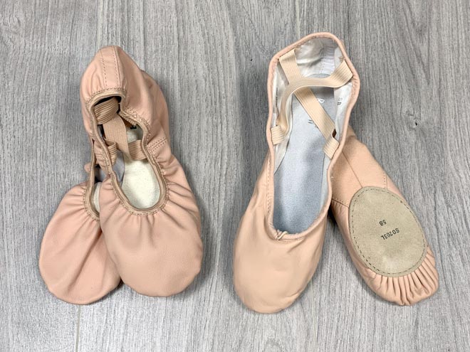 leather split sole ballet shoes, bloch ballet shoes, double elastic on ballet shoes.